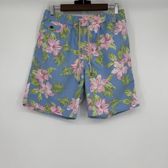 Polo Ralph Lauren Mens Swim Trunks Medium Blue AOP Floral Tropical Shorts Hawaii - Picture 1 of 7